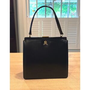 bienen davis Vintage Black faux Leather Accordion Handbag Gold Hardware